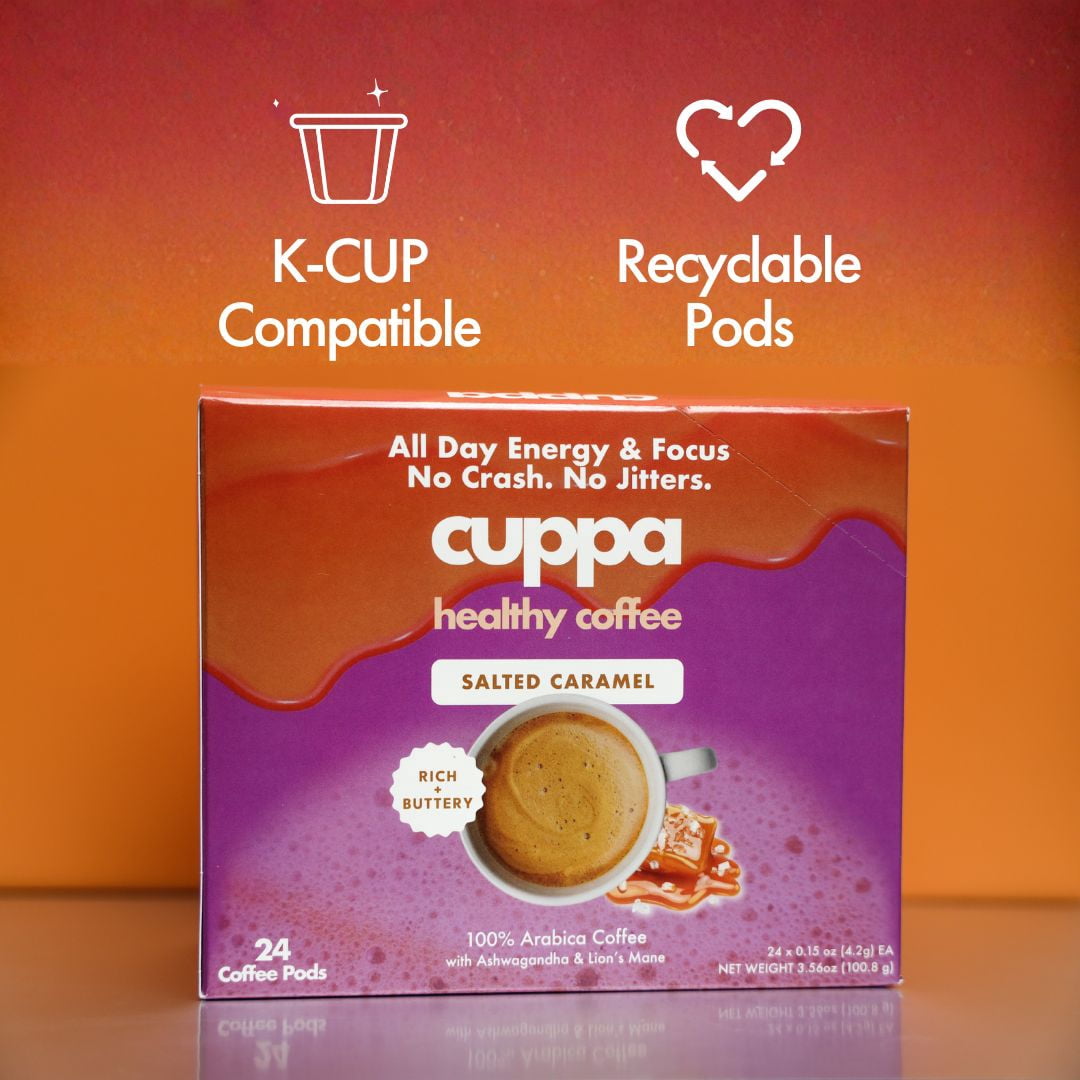 Cuppa Salted Caramel Healthy Mushroom Coffee Single Serve Pods (K-Cups) with Lion's Mane & Ashwagandha for All Day Energy & Focus - No Crash or Jitters  24ct  Pods