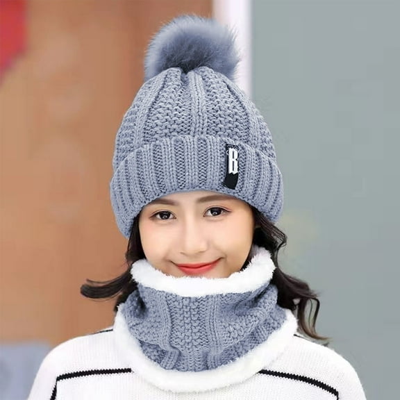 TeqHome Winter Beanie Hat Scarf Set for Women Fleece Lined Warm Knitted Hat Neck Warmer for Walking Hiking Camping Gift Grey