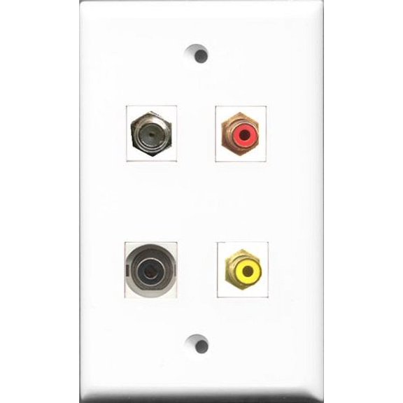 RiteAV 1 Port RCA Red and 1 Port RCA Yellow and 1 Port Coax Cable TV- F-Type and 1 Port 3.5mm Wall Plate