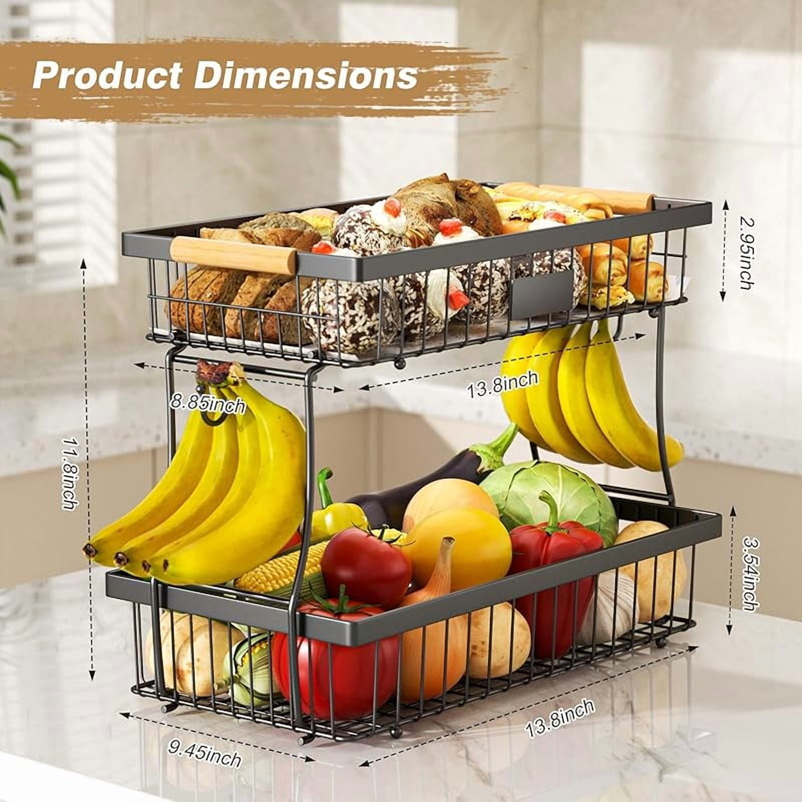 2 Tier Fruit Basket for Kitchen Counter,Wire Tiered Fruit Stand with Hangers&Handle,Corner Vegetable Rack,Two Tier Kitchen Basket For Fruits,Veggies,Snacks,Onions,Black