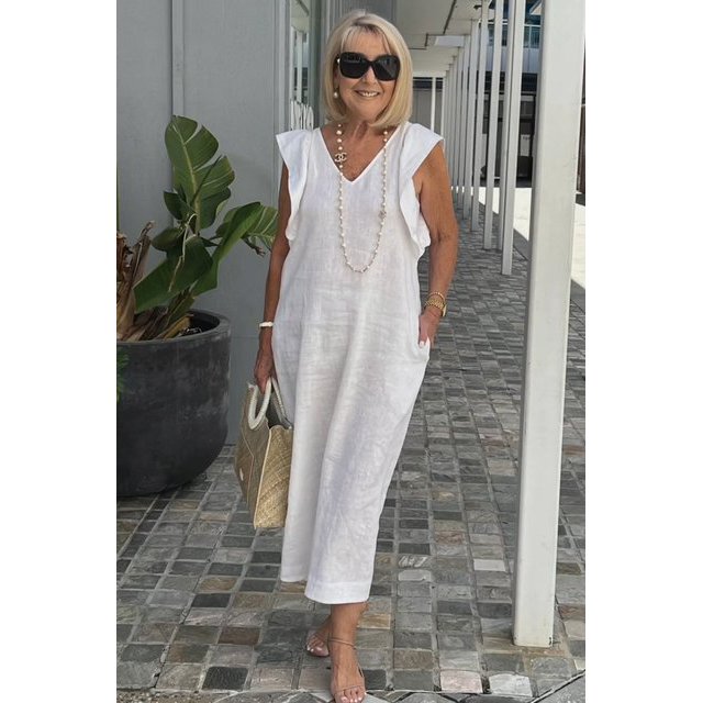 JUNWELL Tempérament Lin Femme Robe 2024 Été Nouvelle Couleur Unie V-Cou Backband Manches Volantes Coton Lin Robe Longue