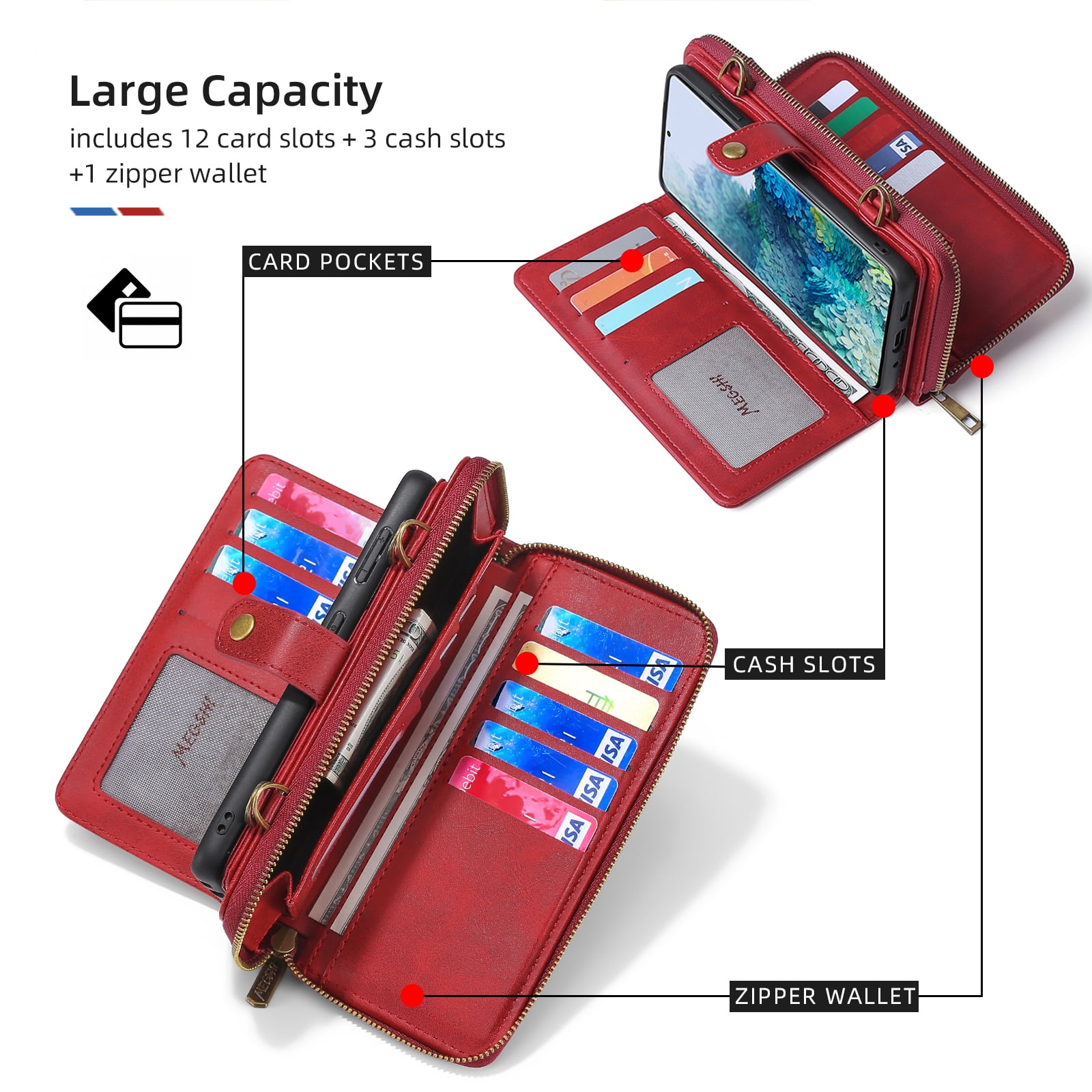Galaxy S22 Wallet Case Premium Leather Flip Zipper Detachable Magnet Wallet Stand Card Holder Case with Crossbody Lanyard Strap Zipper Pocket Cover for Samsung Galaxy S22 6.1 inch 2022,Red