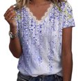 thumbnail image 3 of Camiseta de verano para mujer, camiseta holgada de manga corta con cuello en V y ribete de encaje, Top estampado floral para mujer, estampado D azul L, 3 of 6