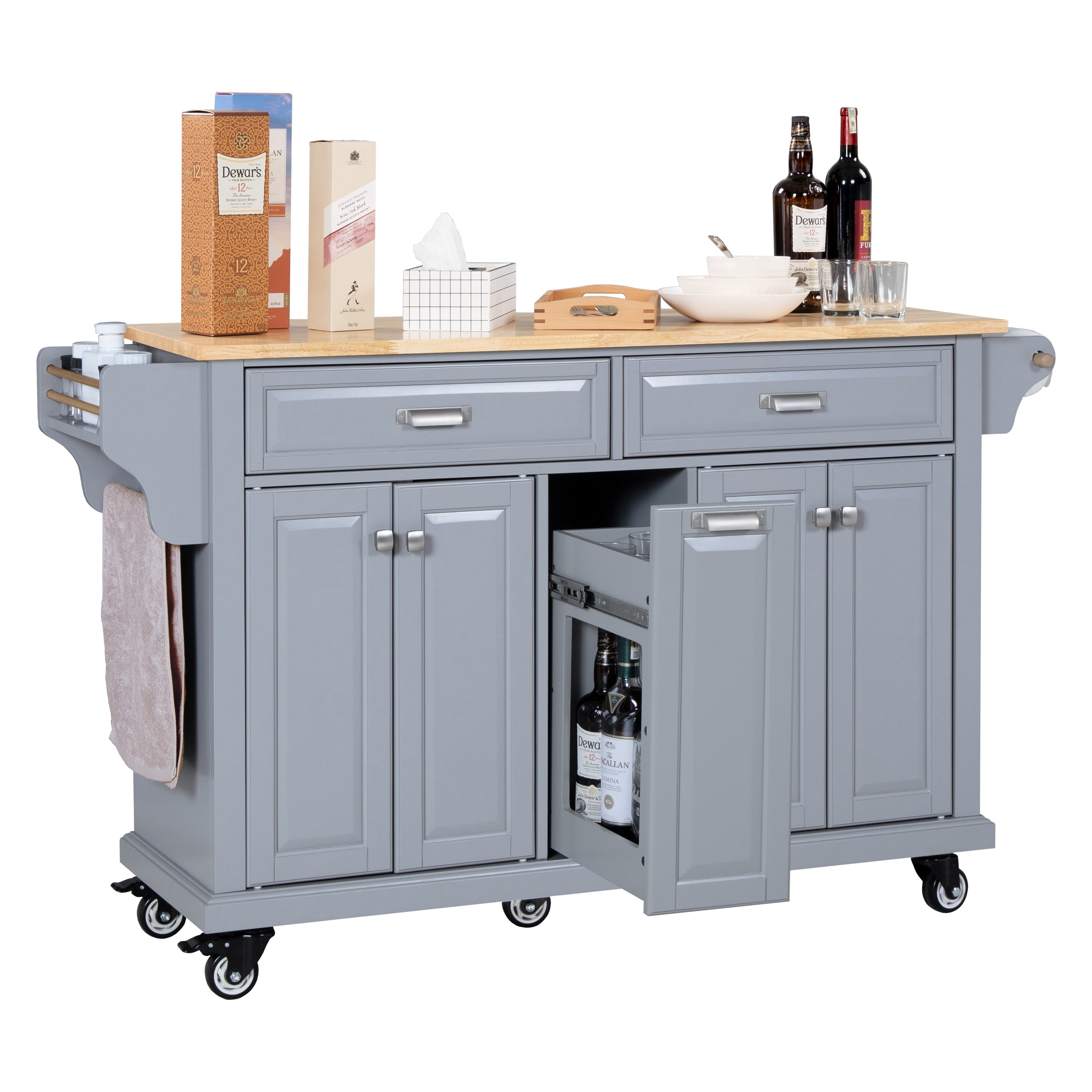 AR Airui Polin 60.5" Kitchen Island on Wheels, 4 Doors 3 Drawers, Rubberwood, Gray