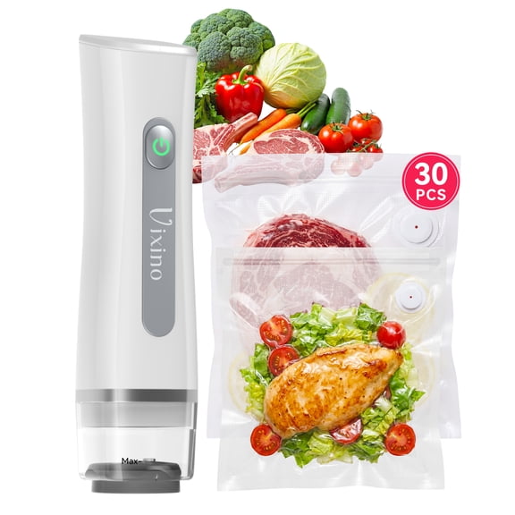 Vixino Compact Vacuum Sealer for Food (Vacuum Sealer Machine 30 Reusable Vacuum Bags) , Extend Freshness up to 10X Longer, Portable & Cordless