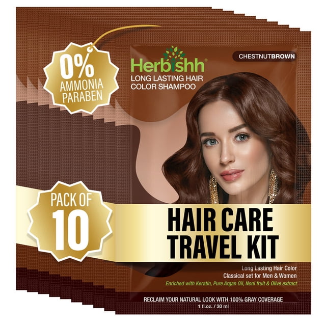 Herbishh Chestnut Brown Color Shampoo for Gray Hair, Hair Dye Shampoo 3 in 1, 100% Grey Coverage for Men & Women, Long-lasting & Travel-friendly, Ammonia-free, 30 ml (Pack of 10)