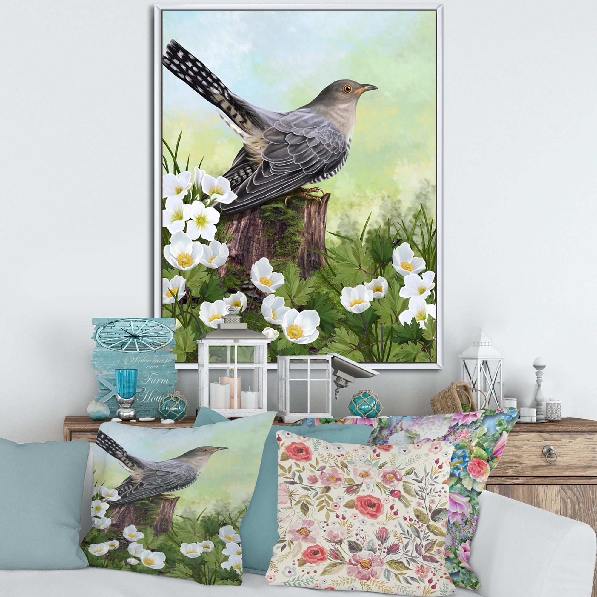 Designart 'Cuckoo Bird On An Old Stump and White Flowers' Traditional Framed Canvas Wall Art Print
