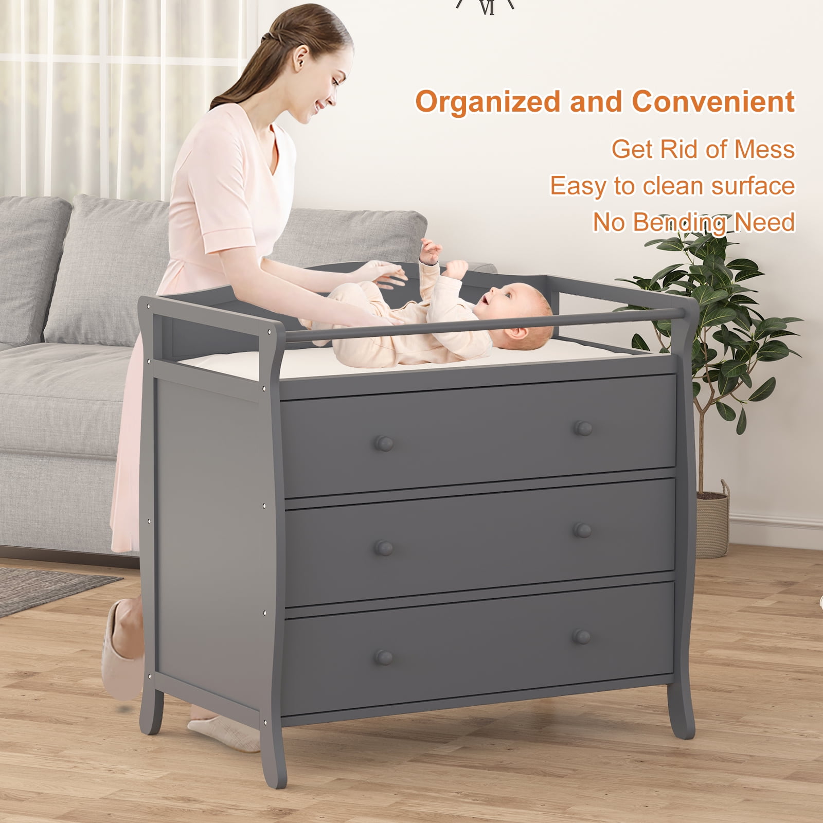 Roromall 3-Drawer Changing Table, Wooden Diaper Changing Table, Infant Diaper Changing Station Dresser with 3 Drawers, Safety Rail & Strap for Bedroom, Nursery