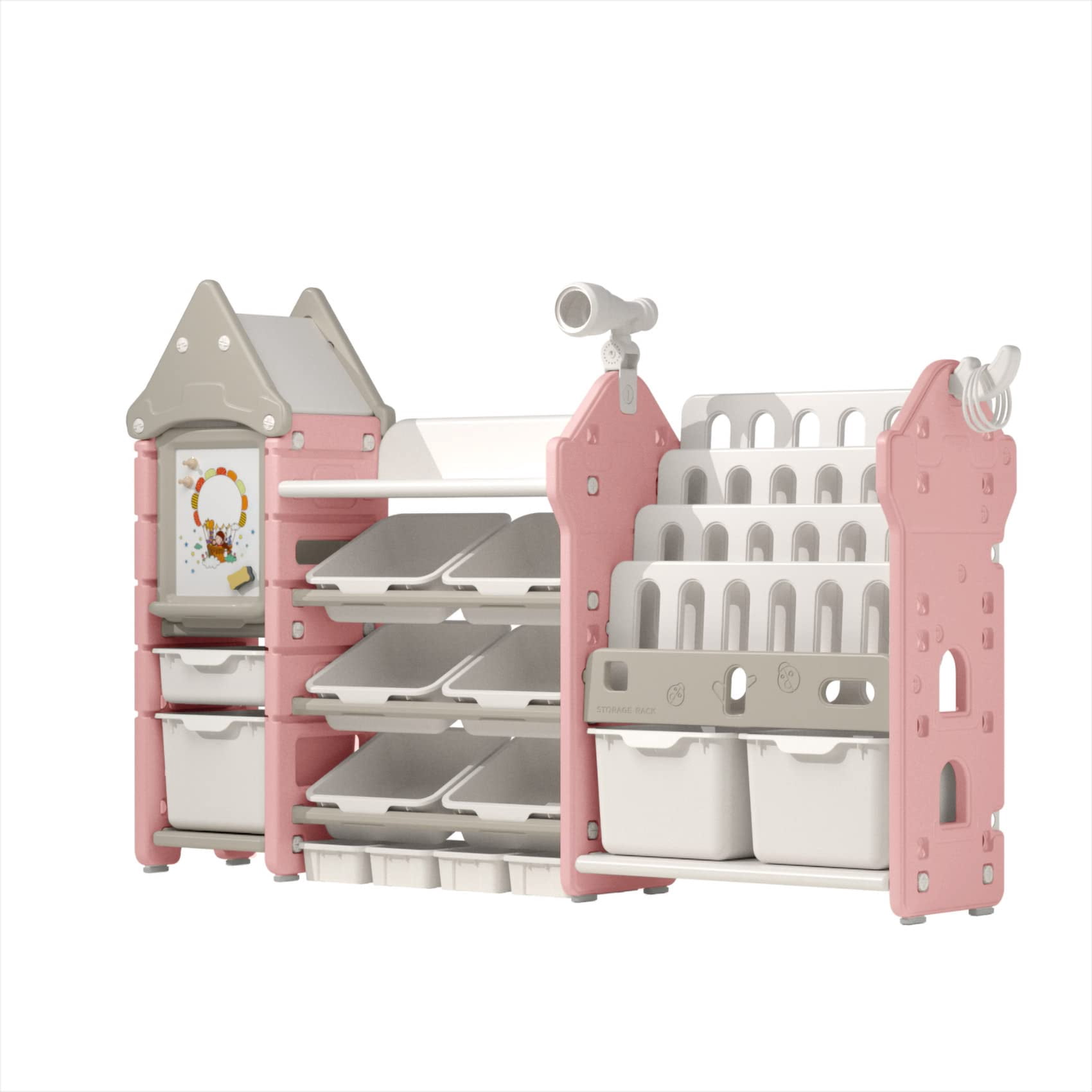UNICOO® Kids Toy Storage Organizer and Children Bookshelf, with 14 Bins, Pull-Out Drawers Multipurpose Shelf for Toddlers to Organize Toys and Books (Magic Castle ? Pink)