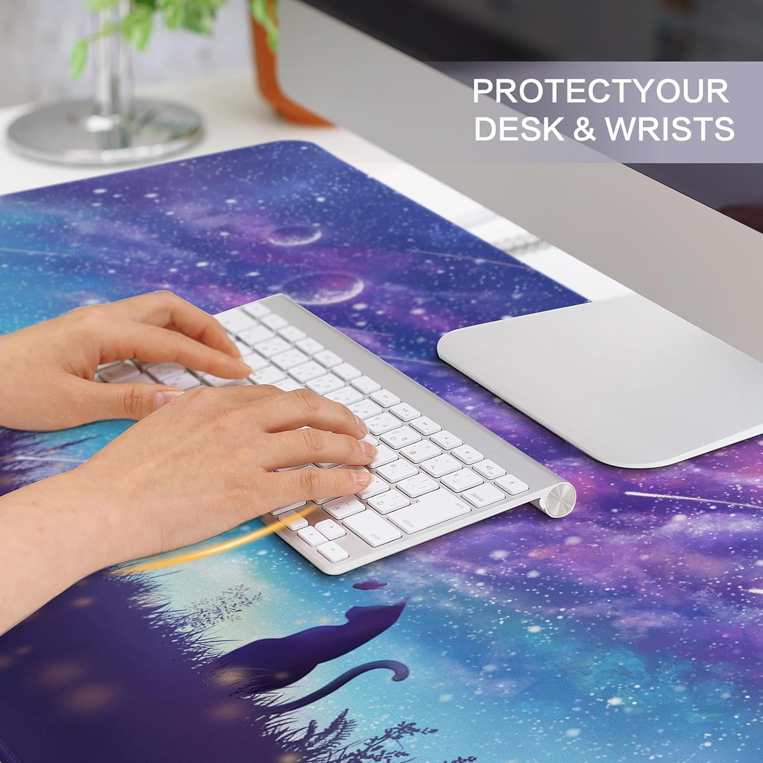 Gaming Mouse Pad, Large Mouse Pad for Desk, Desk Mat Extended Mousepad, Cute Purple DeskPad with Non-Slip Rubber Base, Computer Mats for Desktop Home Office (31.5"x15.7", Cat)