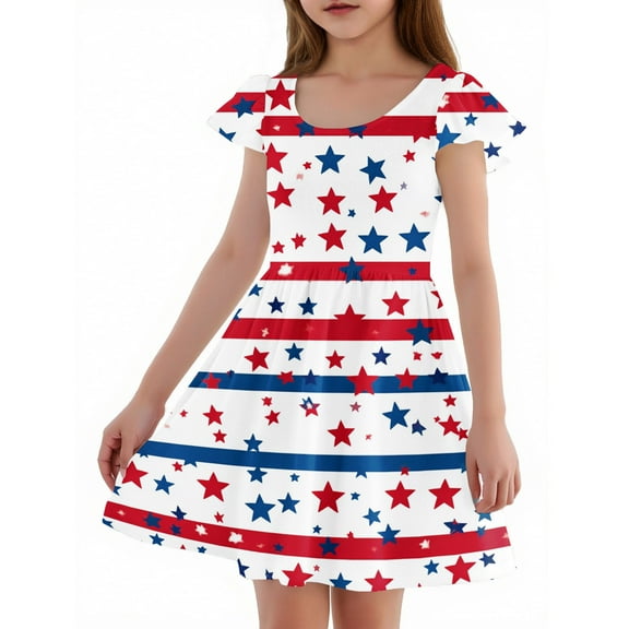 YOUYEDIAN 4th Of July Toddler Dress Independence Day Ruffle Sleeve Toddler Girl Patchwork Dress Freedom Red Blue and White A-Line Dress Crewneck Sun Dress Cute Dresses,Light Blue 7-8 Years
