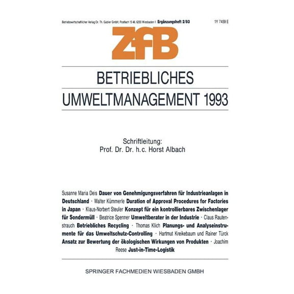 Zeitschrift Für Betriebswirtschaft Betriebliches Umweltmanagement 1993, Book 2, (Paperback)