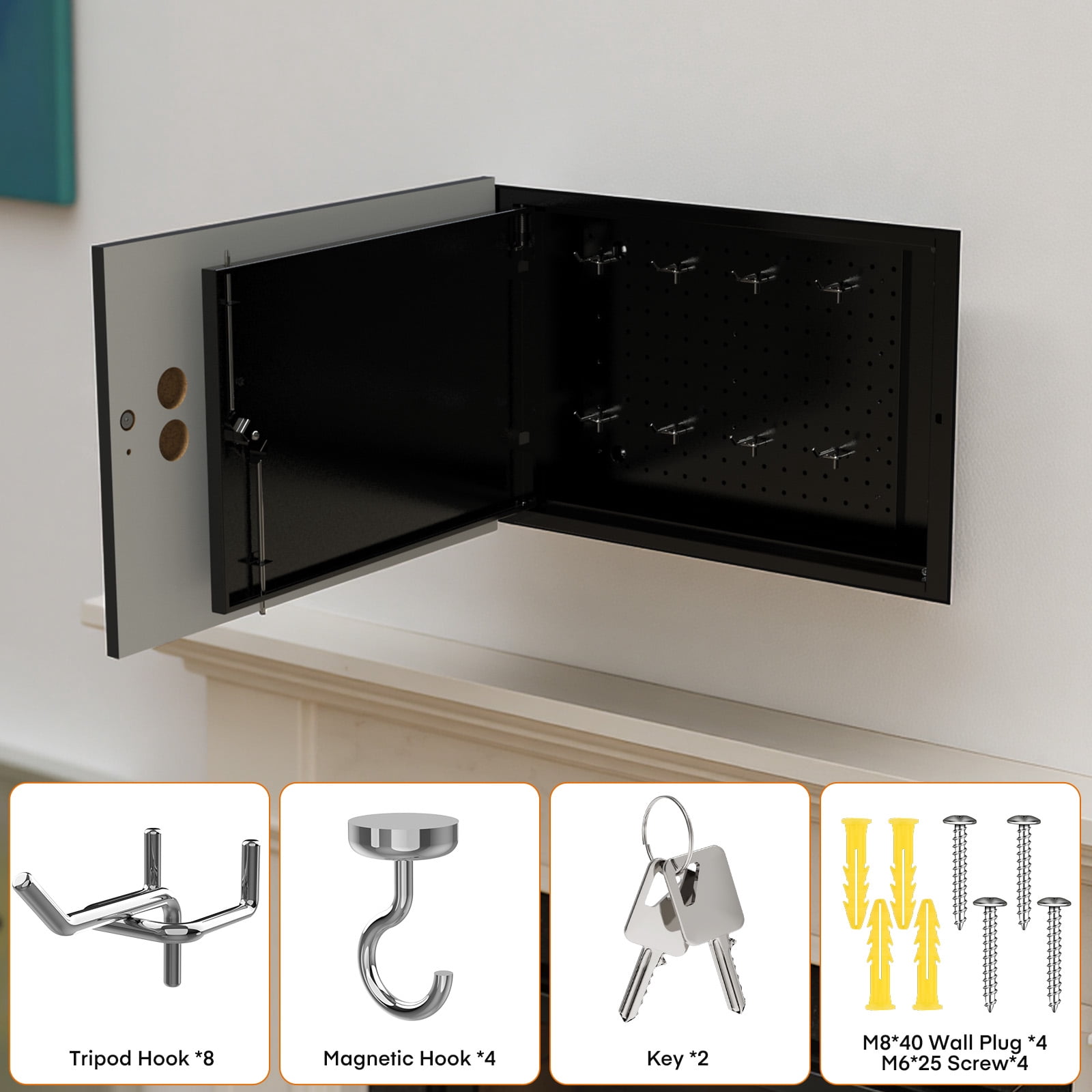 Metateel in-Wall Gun Safe with Key Lock, Between Studs Wall Cabinet Fits 24-Inch Stud Spacing, Magnetic Hooks & Removable Shelf, Anti-Theft Locking Rod