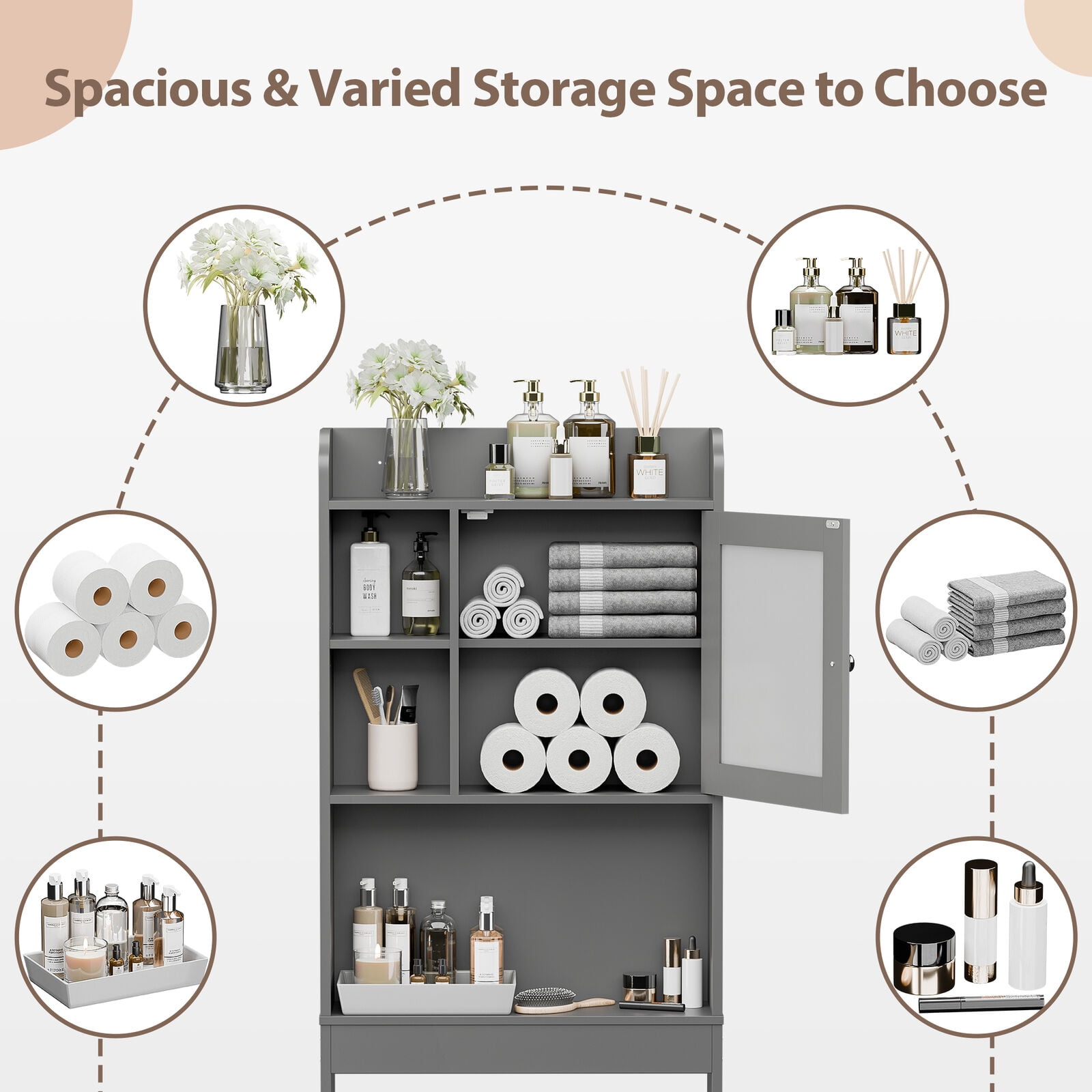 Favory Over The Toilet Cabinet, Double Door Bathroom Storage Organizer, Toilet Rack with Inner Adjustable Shelf and Open Storage Shelf,Gray