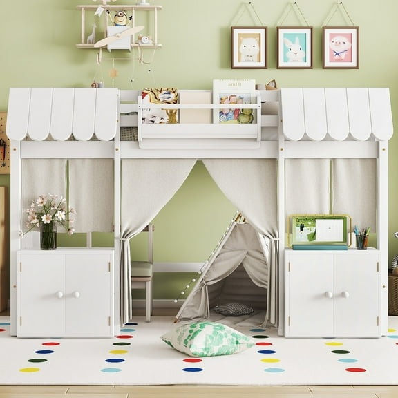 [Luckynote]Twin Loft Bed with Built-in Bookshelf, Curtain, and Storage Shelf Amusement Park-Inspired Playful Design Safety Guardrails, White
