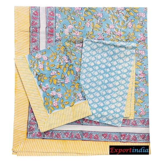 Silk gram Indian Hand Block Print 100% Cotton Bedsheet BedCover Bedspread Flat Sheet with 2 Pillow Cover (King/Queen Size 90x108 Inch)