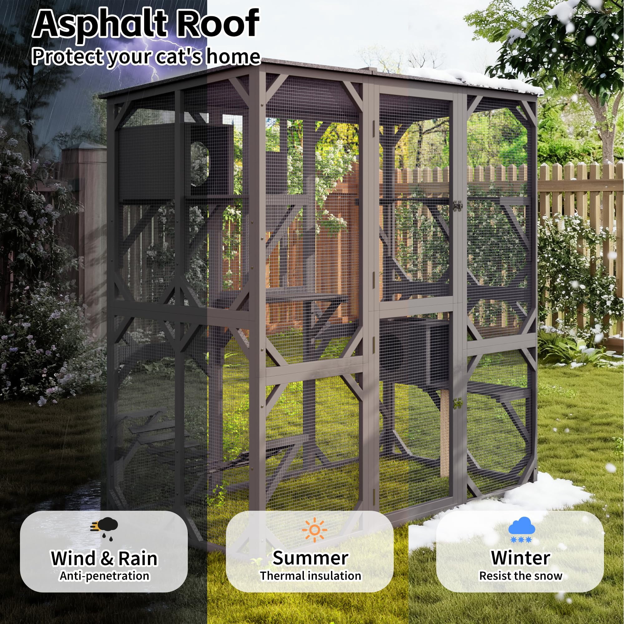 Accreate 70 Inch Large Wood Catio Outdoor Cat Enclosure with Waterproof Roof, Walk-in Cat House with Asphalt Roof, Scratch Post & Bridge for Cats, Patio Enclosure in Dark Grey