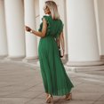thumbnail image 4 of 2026 Summer New Women's Burgundy Sleeveless Pleated Midi Dress, V Neck Wrap Self Tie Waist Ruffle Shoulder Chiffon Formal Gown, 4 of 6