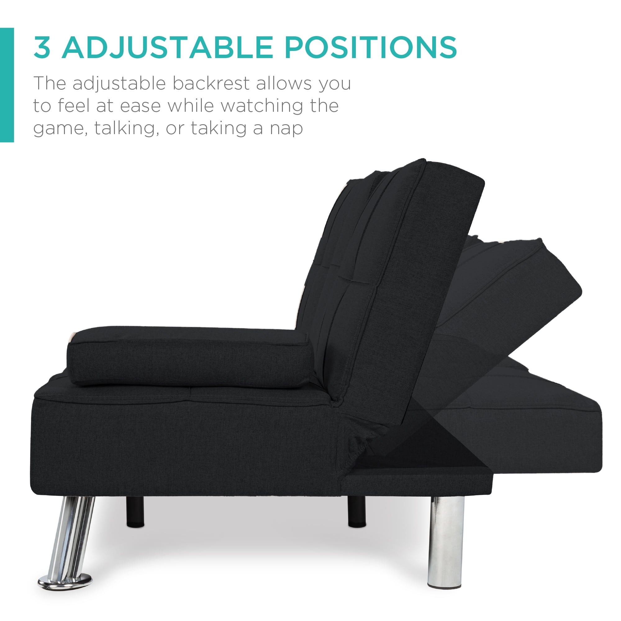 Best Choice Products Modern Linen Convertible Futon Sofa Bed w/ Removable Armrests, Metal Legs, Cupholders - Black