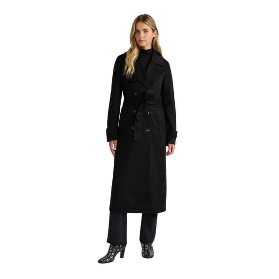 NOVELTI Womens Faux Suede Longline Belted Trench Coat with Side Pockets
