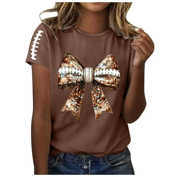 Football T-Shirts for Women Football Bow Graphic Short Sleeve Crew Neck Tees Game Day Gifts Fashion Loose Tops