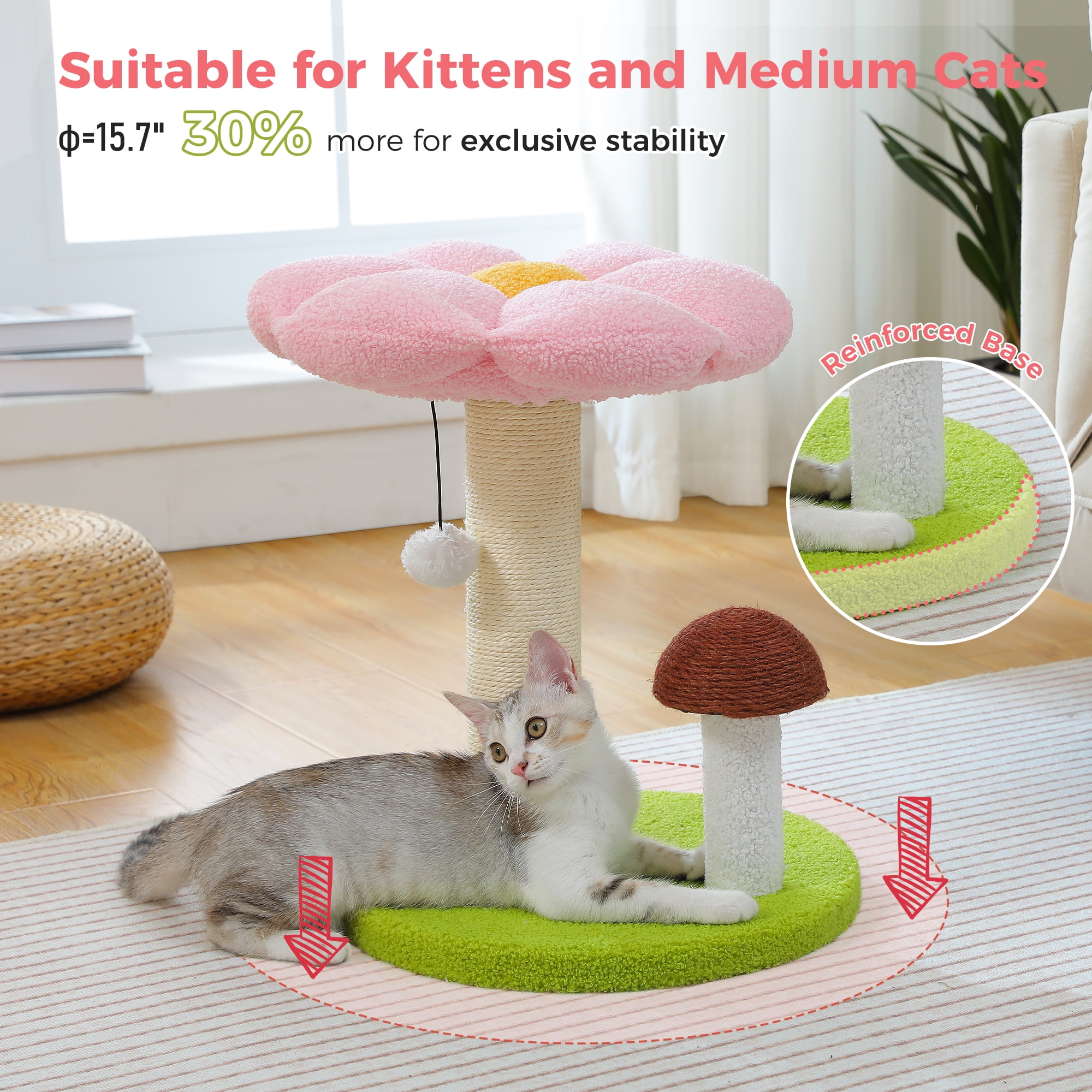 PEQULTI 19.7" Flower Cat Scratch Post, Cat Tree Tower with Removable Perch for Kittens and Small Cats, Pink