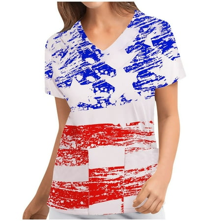 

Sksloeg Scrub Tops Women Stretchy Clearance American Flag Pattern Scrub Tops V-Neck Independence Day T Shirts Workwear Nurse Uniform Tee with Pockets White M