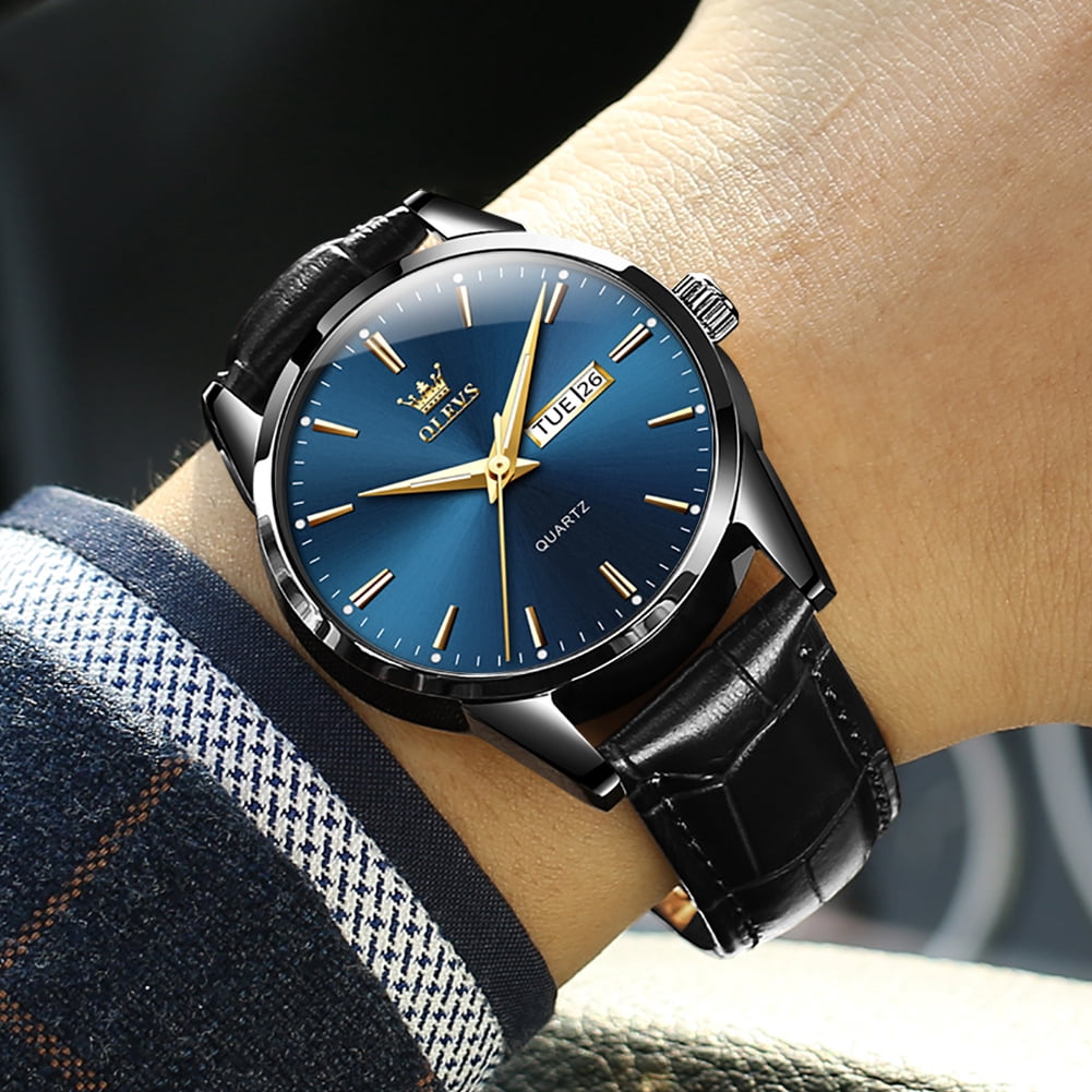 OLEVS Mens Watches,Black Leather Watch for Men,Analog Quartz Fashion Business Dress Watch Luminous Waterproof Casual Male Wrist Watches Reloj para Hombre Blue Dial