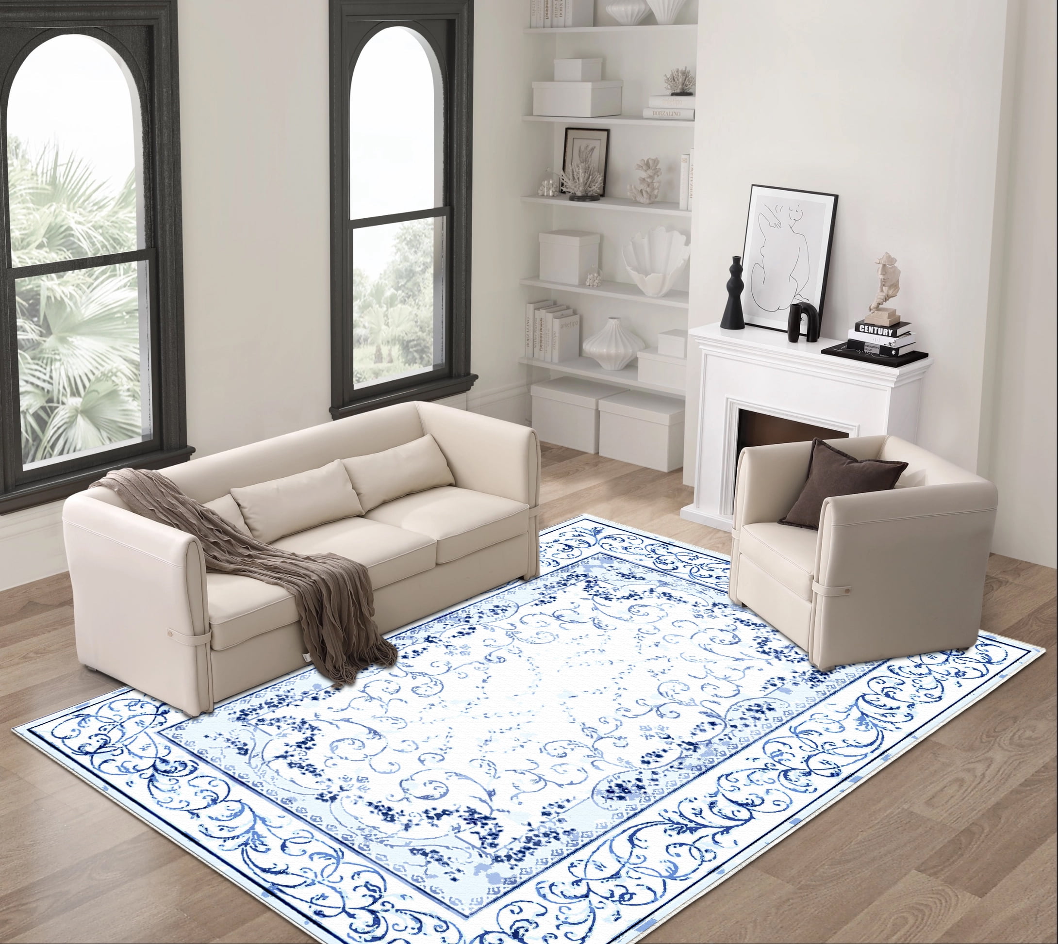 Artnice Floral Rugs for Living Room 8x10, Machine Washable Area Rugs Non Slip, Boho Blue Rugs Vintage Indoor Carpet Mats for Home Decor