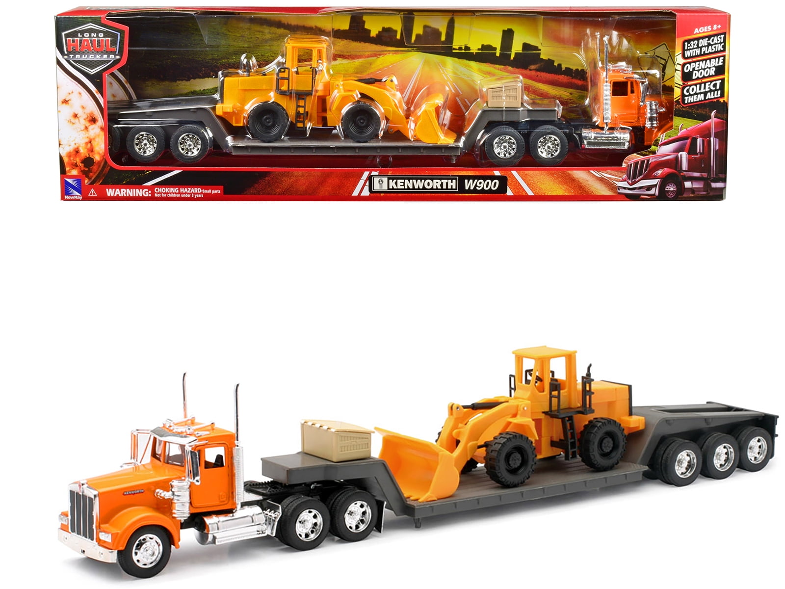 Kenworth W900 Truck with Flatbed Trailer Blue with Forklift and