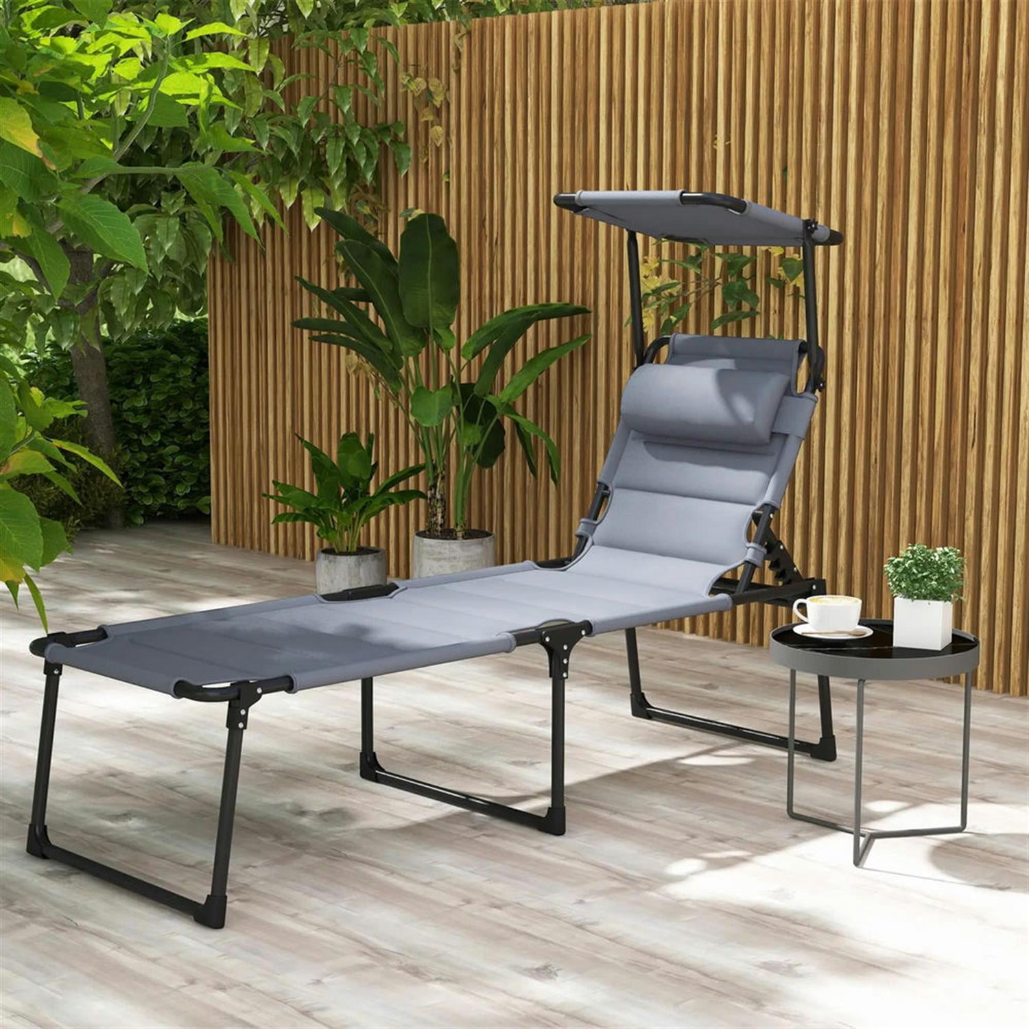 Demi Bonn Outdoor Folding Lounger with 4-Position Reclining, Pillow & Sun Canopy for Relaxing Patio, Deck, Comfortable Sun Protection Seating, Gray