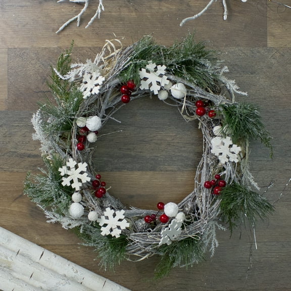 Northlight Snowflakes and Berries Winter Foliage Small Christmas Wreath - 13" - Unlit