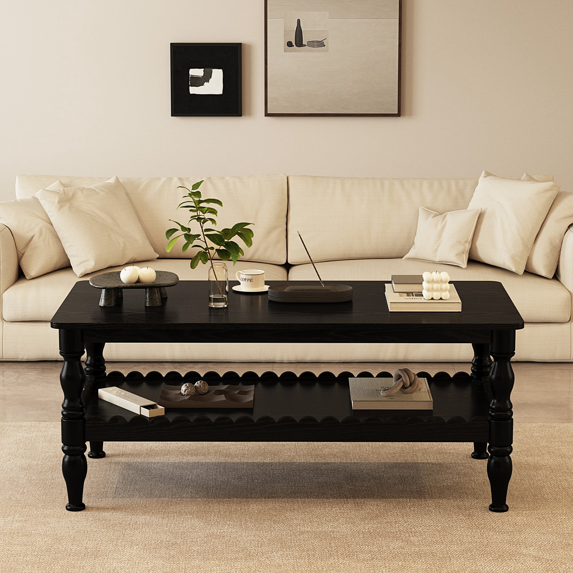 BSHTI Antique Black 43.3” Rectangle Coffee Table with 2-Tier Design and Storage Shelf(Antique Black)