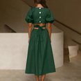 thumbnail image 7 of Summer Dresses for Women Puff Short Sleeve Solid V Neck Midi Dress Waist Hollow Out Cute Beach Long Dress, 7 of 7