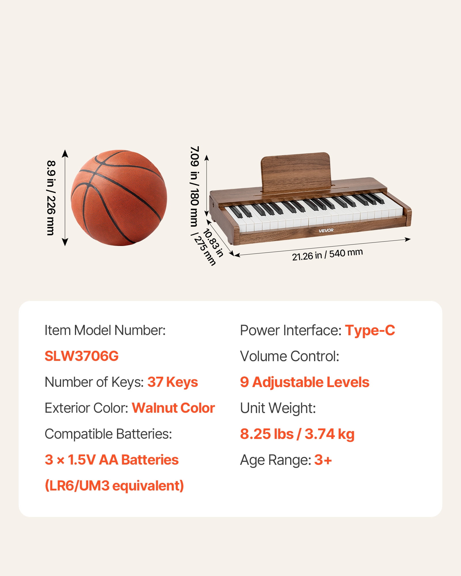 VEVOR Kids Piano Keyboard, 37 Keys Wooden Digital Piano for Kids, Mini Music Educational Instrument Toy with Realistic Sound, Dual Power, Adjustable Volume for Toddlers, Boys Girls Learning,Walnut