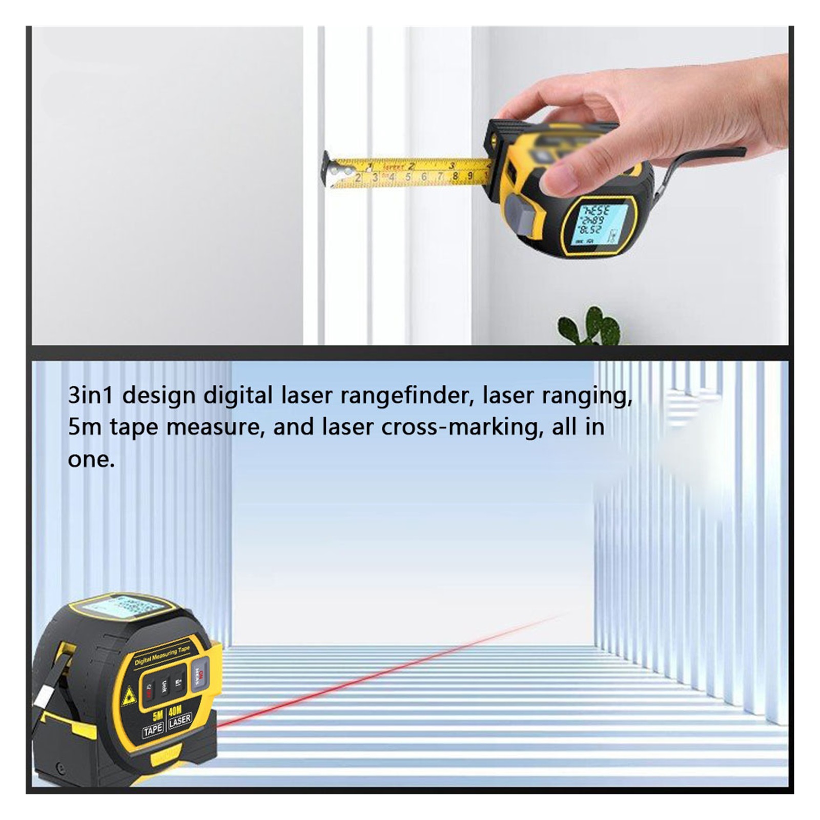 3 In 1 Rangefinder With 5m Tape Measure Ruler LCD Display with Backlight Distance Meter Building Measurement Device ,Easy to Use