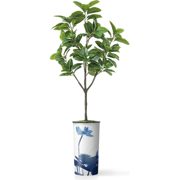 Artificial Tree in Blue Flower and Paint Texture Planter, Fake Magnolia Tree for Indoor and Outdoor Home Decoration - 70" Overall Tall (Plant Plus Tree)
