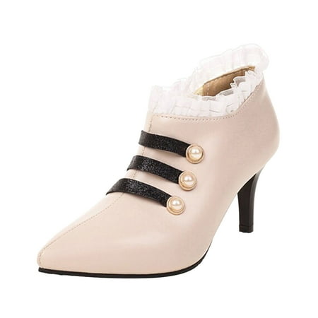 

Cathalem Ladies Fashion Solid Color Leather Lace Trim Side Zipper Thin High Heel Casual Single Shoes Beige 37