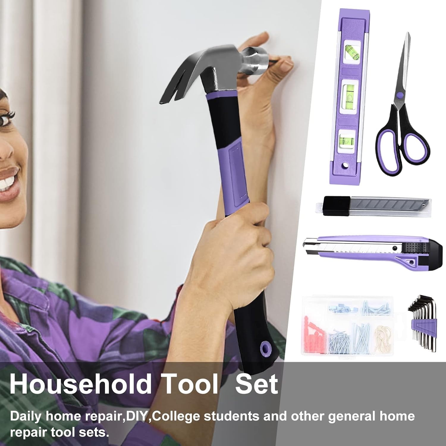 Purple Tool Set,223-Piece Tool Sets for Women,Tool Kit with 13-Inch Wide Mouth Open Purple Tool Bag,The Basic Tool Set is Perfect for Home Maintenance
