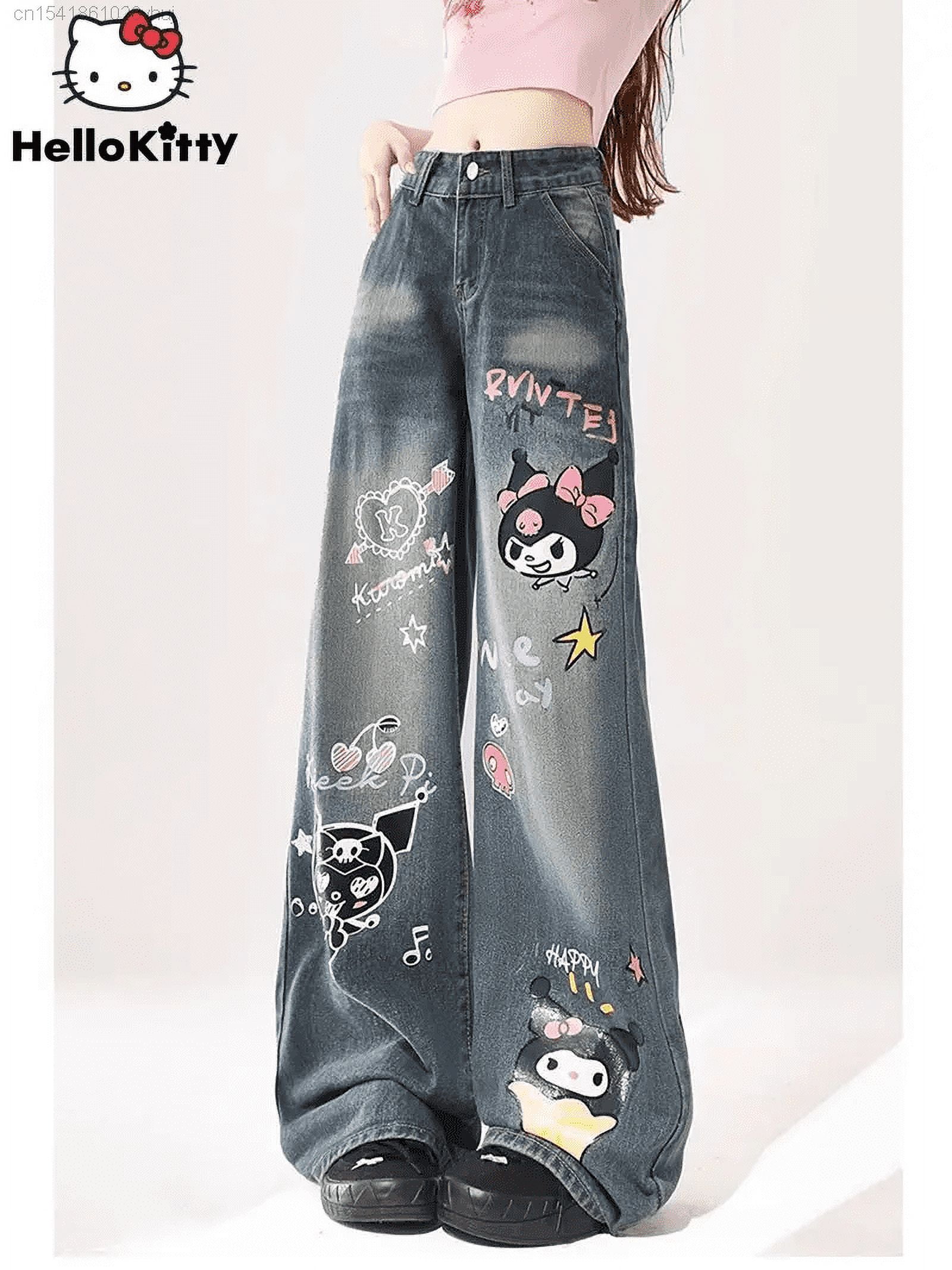Sanrio Kuromi New Graffiti Jeans For Women High Waisted Wide Sanrio Kuromi New Graffiti Jeans For Women High Waisted Wide