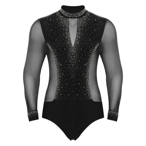 Doomiva Men's Shiny Rhinestone Dance Leotard Tops Modern Latin Long Sleeve Bodysuit Black M