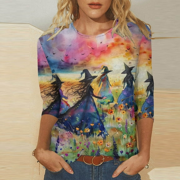 CLOISE Women's Halloween Blouses Trendy Halloween Witch Print Tees 3/4 Sleeve Round Neck Tops Basic Loose Comfy Shirts Boo Season Clothes Halloween Gift