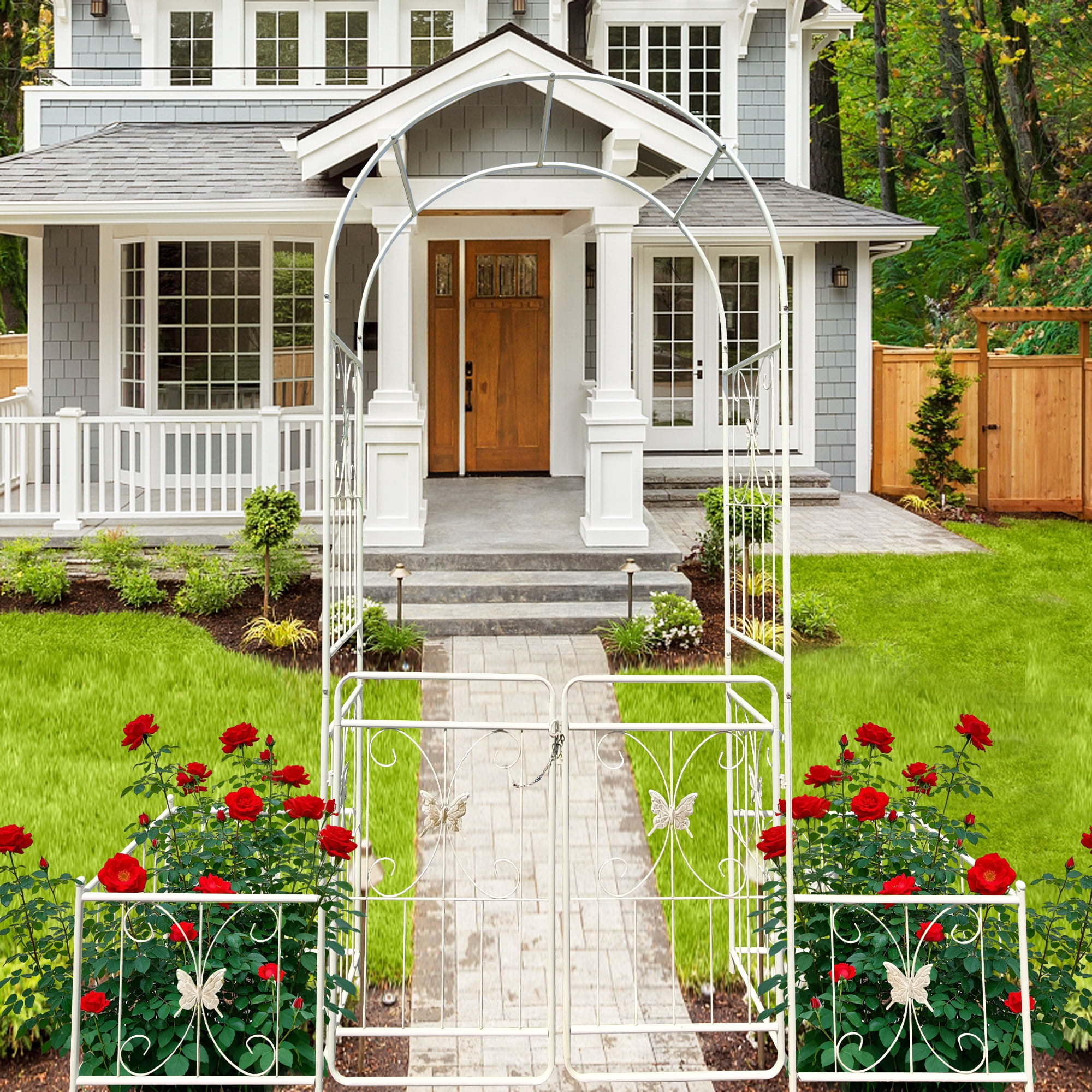 Garden Arch with Gate 79.5" Wide x 86.6" High Climbing Plants Support Rose Arch Outdoor Cream White