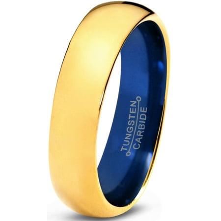 - Tungsten Wedding Band Ring 4mm for Men Women Blue 18k Yellow Gold Plated Domed Polished Lifetime Guarantee