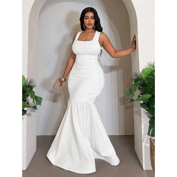 Elegant White Sleeveless Square Neck Mermaid Dress For Women Plus Size