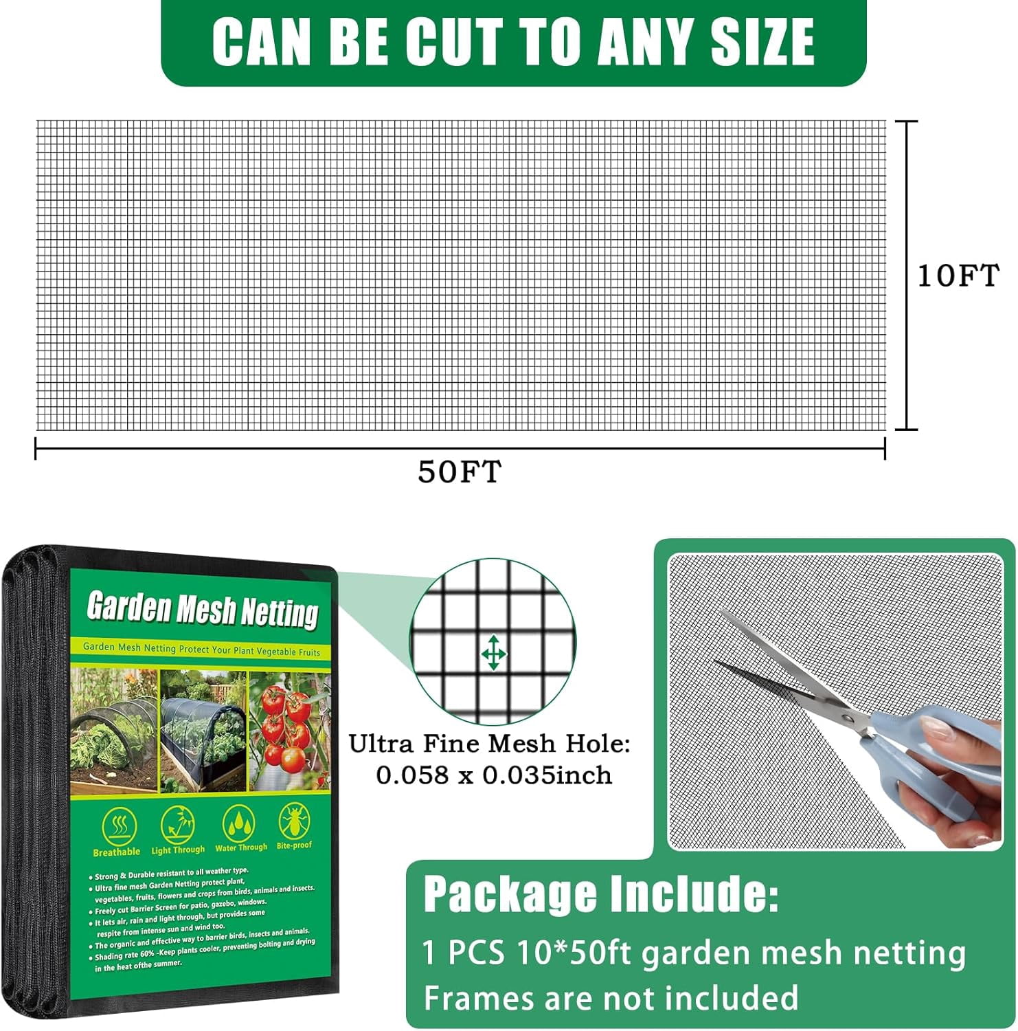 10 X 50 FT Thicker Garden Mesh Netting Pest Barrier for Raised Beds, Black Fruit Tree Netting for Cicadas, Bird Insect Blueberry Bush Strawberry Netting Cover for Garden Protection, Shading Rate 30%