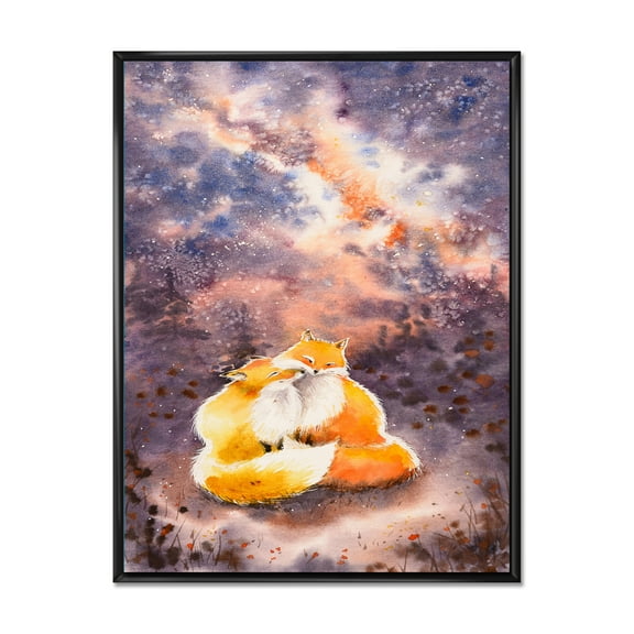 Designart 'Foxes Over A Night Sky Hugging ' Children's Art Framed Canvas Wall Art Print