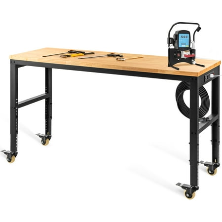 

VEVOR Workbench Adjustable Height 48 L X 24 W X 40.9 H Garage Table w/ 31.2 - 40.9 Heights & 1600 lbs Capacity with Power Outlets & Hardwood Top & Metal Frame & Swivel Casters for Office Home