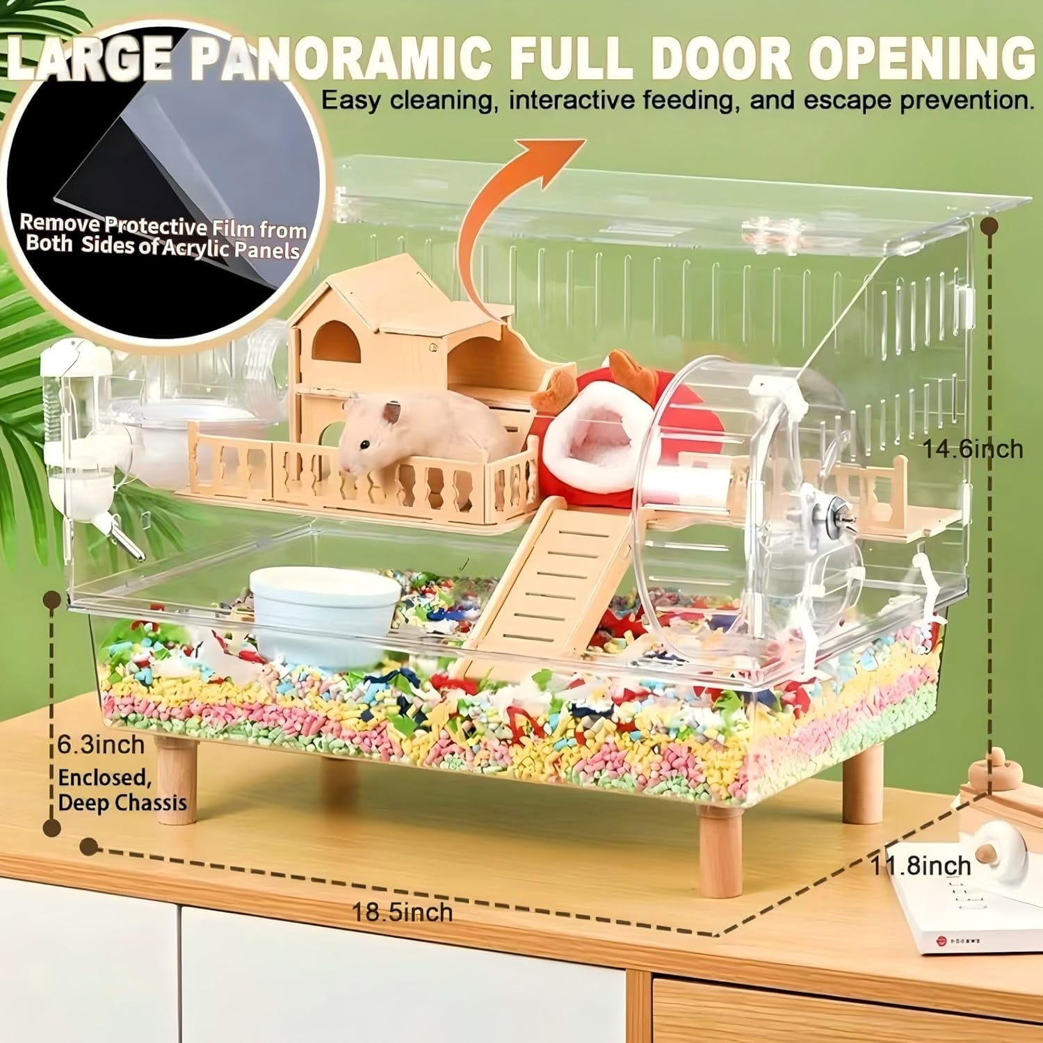 8 in 1 Acrylic Hamster Cage with All Accories2Layer Hamster House with Full Transparent Viewing Top Open Mouse Cage for Pet Mice Hamster Habitat for Dwarf Hamster Gerbils;18.5x11.8x14.6