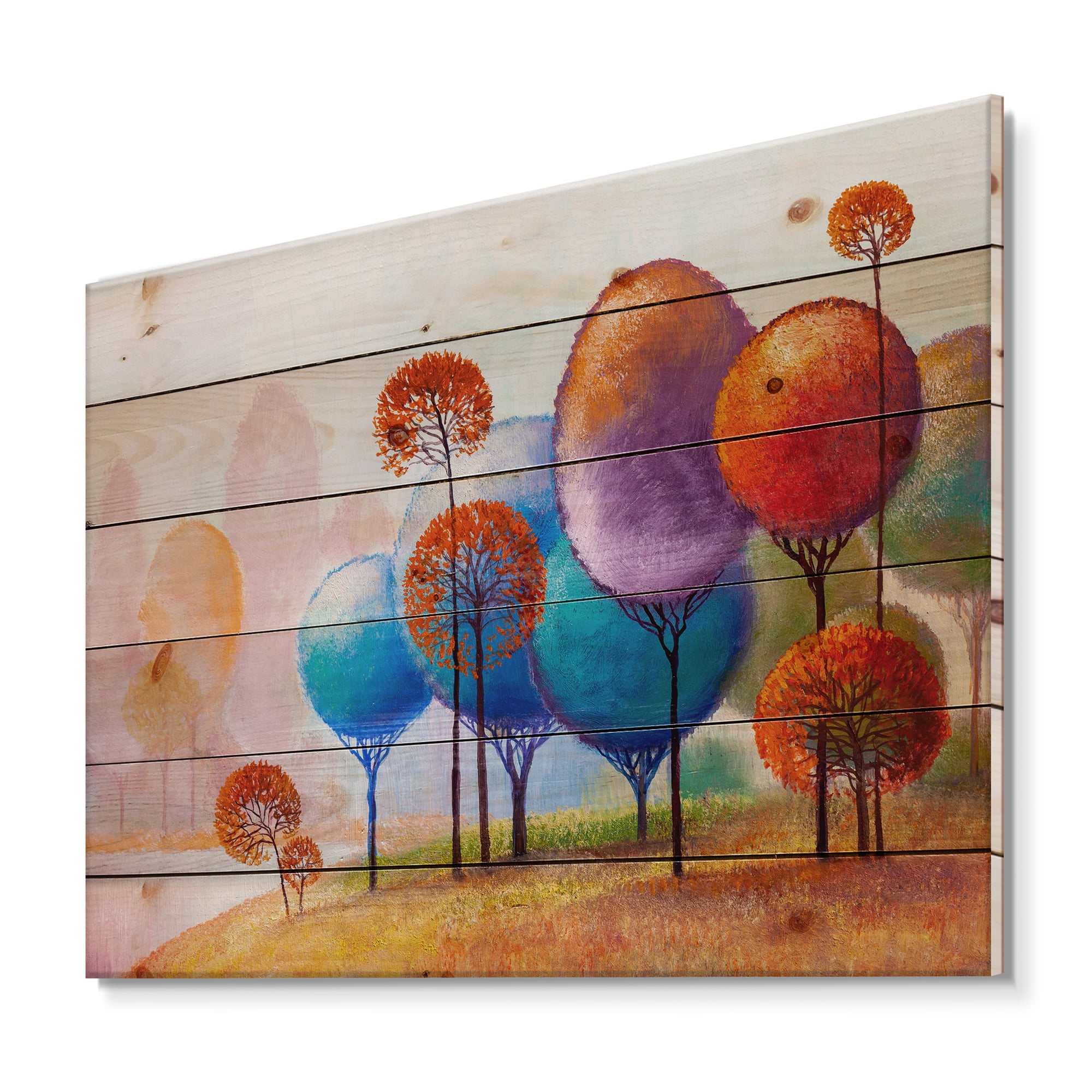 Designart 'Colourful Trees Abtract Impression III' Traditional Print on Natural Pine Wood